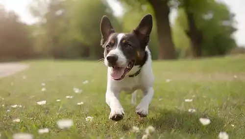 Feliz perro corriendo libremente en el parque, nariz levantada flores de olfato, fondo borroso verde, cálido día soleado con nubes suaves, perros lengua colgando, relajado y alegre expresión, cola ondeando