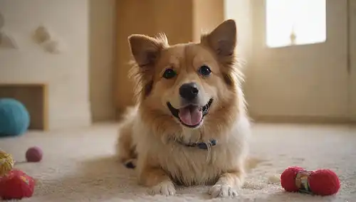 Un perro feliz con un pelaje suave, recubierto en una alfombra, con pelos sueltos y alfombras, rodeado de pelos caídos y hebras de pelo, en un ambiente cálido y acogedor, con unos juguetes y golosinas dispersos alrededor