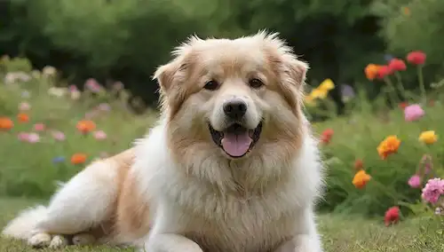Un perro peludo en un jardín rodeado de exuberante hierba verde y flores coloridas, con un poco de piel de vajilla dispersa alrededor, tal vez algunas hojas o ramitas cerca, suave luz natural