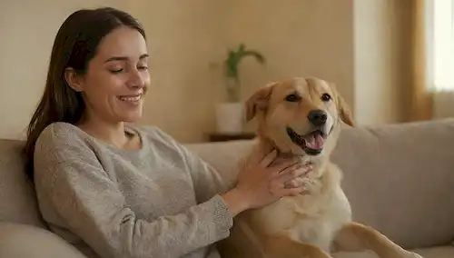 Un perro feliz saltando sobre un regazo de personas, con brazos abrazando y acariciando las manos, en un ambiente acogedor, con una fuente de luz cálida, enfoque suave y colores suaves para transmitir afecto y alegría