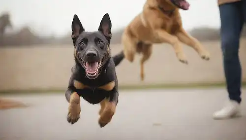 Un perro juguetón saltando sobre una persona, fondo borroso con colores sutiles, enfoque suave en la cara de los perros, iluminación cálida, composición dinámica, movimiento sugerido por extremidades borrosas, agarre de la atención y invitando