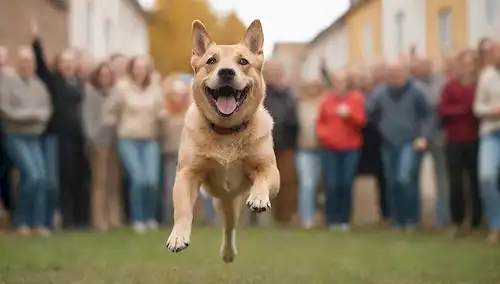 un perro juguetón saltando alto en el aire, con una expresión alegre en su cara, rodeado de gente borrosa en el fondo, transportando energía y emoción, con colores cálidos para evocar sentimientos de felicidad y alegría, una composición dinámica que sugiere movimiento y acción, incorporando elementos de caos y juguetón