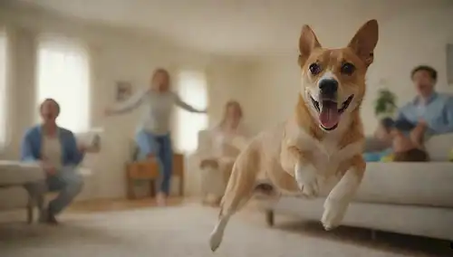 Un perro juguetón saltando, gente en el fondo con expresiones sorprendidas, un salón o patio trasero, colores brillantes, un sentido del caos y la alegría, movimiento dinámico, energía y emoción