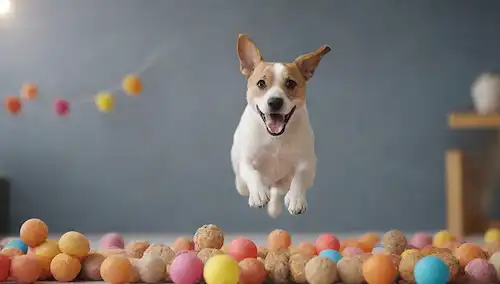 Un perro juguetón saltando alto en el aire, rodeado de un fondo borroso con juguetes y golosinas visibles, transmitiendo emoción y alegría