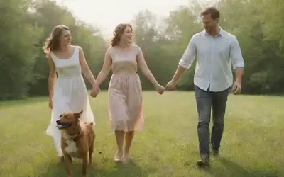 Una pareja feliz agarrando las manos con su perro juguetono