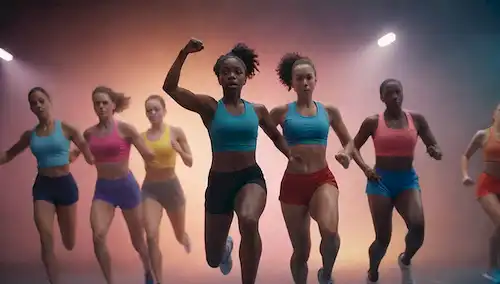 ilustración 3D, fondo energético, diversos atletas en movimiento, manos tocando, unidad, fuerza, movimiento, empoderamiento, motivación, colores, formas, atmósfera inspiradora
