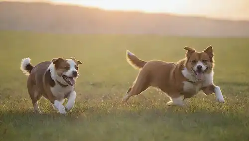 3-4 perros de raza mixta corriendo en un campo, sol brillando, viento soplando, un perro guía, otro atrapando, un fondo borroso, colores brillantes, pose dinámica, atmósfera alegre, sensación energética