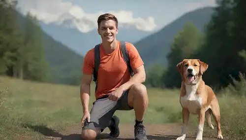 ilustración 3D de una persona, posiblemente un joven adulto o atleta, de pie en un hermoso entorno al aire libre, con un perro feliz, probablemente una raza de alta energía, sentado a su lado, mirando directamente al espectador, rodeado de sutiles toques de aventura y deporte como rutas de senderismo, equipo deportivo y vegetación