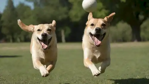 Un perro feliz en movimiento, corriendo a través de un parque, con una bola volando por encima de su cabeza, contra un soleado cielo azul, con árboles y hierba borrosa en el fondo, la lengua de perros fuera, y una gran sonrisa en su cara, rodeado de una luz caliente
