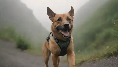 Un perro en forma corriendo en un sendero de montaña