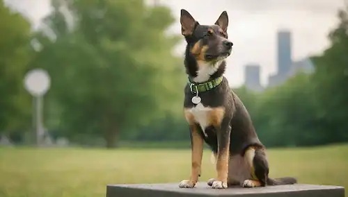 Un perro de pie en una escala, usando un collar con etiqueta ID, rodeado de un fondo verde hierba, con un paisaje urbano borroso en la distancia, unos pocos árboles y un pequeño estanque, la luz del sol caliente filtrando a través de nubes