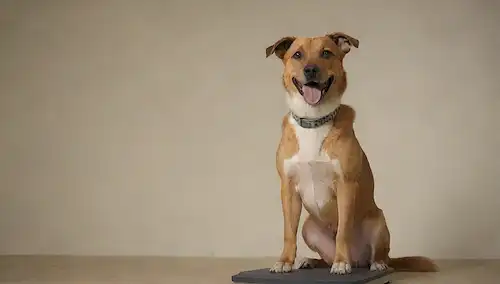 un perro feliz, sentado en una escala, usando un collar, con un fondo neutro, sin distracciones, líneas de medición precisas, y un sutil toque de emoción
