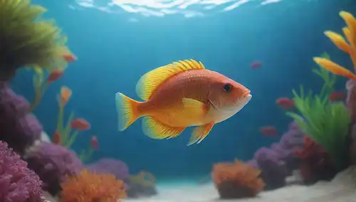 ilustración 3D, ambiente acuático, peces Lambordoi nadando con otros peces coloridos, plantas tropicales, agua brillante, fondo tranquilo
