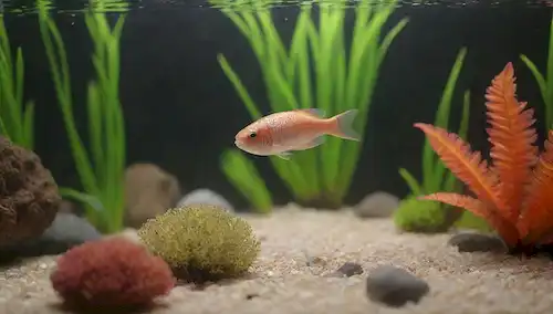 Un fondo tranquilo, plantas acuáticas coloridas, un pescado a escala pacífica nadando cerca de coral, decoraciones de acuarios, filtros de agua, iluminación de enfoque suave, tonos de colores cálidos, atmósfera acogedora, entorno naturalista, gravillas decorativas o guijarros, ambiente sereno, interés visual en el primer plano, sutiles reflexiones sobre el vidrio