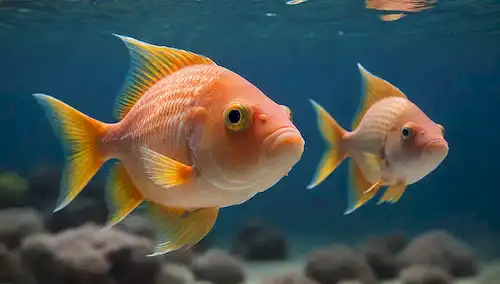 2 peces, misma especie, cuerpos fusionados, 1 cabeza, múltiples aletas, colores vibrantes, fondo de agua, entorno submarino, escuelas de otros peces nadando cerca, iluminación suave, sentido de maravilla y descubrimiento