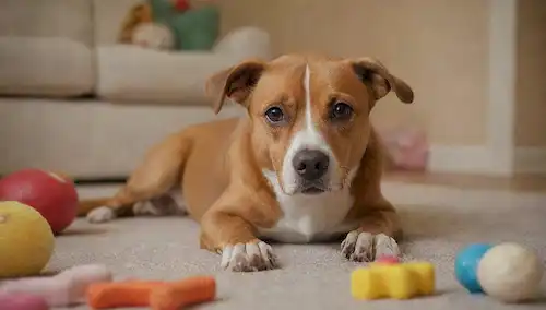 Un perro embarazada tumbado sobre una superficie suave, con una expresión contenta, rodeado de juguetes y golosinas, en un ambiente cálido y acogedor, destacando su vientre y los beneficios nutricionales que recibe
