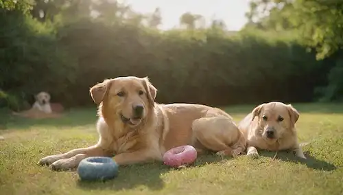3-4 perros embarazadas felices en varias etapas de gestación, rodeados de vegetación exuberante, con una cálida luz del sol iluminando la escena, algunos jugando suavemente, otros tomando una siesta, y uno mirando directamente al espectador, todo en un fondo natural de hierba, con unos pocos juguetes y golosinas de perros dispersos