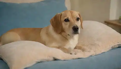 Un perro embarazada con una expresión suave, tumbado en un cojín de felpa, rodeado de colores calmantes como beige, crema y azul suave, con su vientre visible bajo un abrigo suelto, mostrando un embarazo saludable, en un ambiente cálido y acogedor