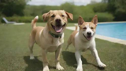 2-3 perros de diferentes tamaños y razas jugando juntos cerca de una piscina
