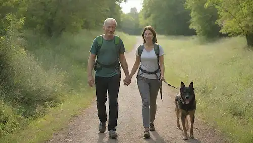 2 personas, un humano y un perro, caminando juntos en un sendero, usando arneses especiales, con un paisaje verde en el fondo, sol brillando, caras sonrientes, atmósfera feliz