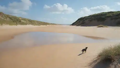 Una escena costera serena, un perro jugando cerca de aguas turquesas tranquilas, dunas de arena dorada, afloramientos rocosos con el sol, nubes suaves, vegetación exuberante en el fondo, un ambiente relajado