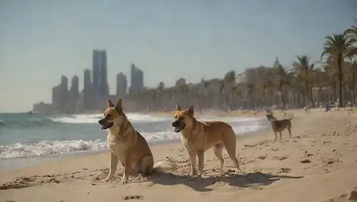 3-4 perros de diferentes razas jugando juntos en una playa soleada, con un skyline de Barcelona en el fondo, rodeado de palmeras y sombrillas de playa, arena caliente bajo sus patas, olas suavemente a la orilla