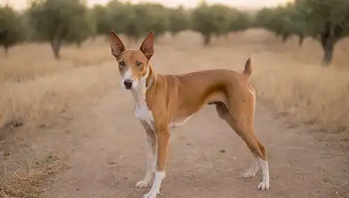 Un paisaje sereno y dorado, un perro de raza Podenco Andaluz suave en primer plano, rodeado de olivos y pastos secos, con una expresión tranquila y enfocada; su abrigo brillando en la cálida luz del sol, destacando sus arrugas y marcas distintivas; un toque sutil de la arquitectura campiña española en la distancia