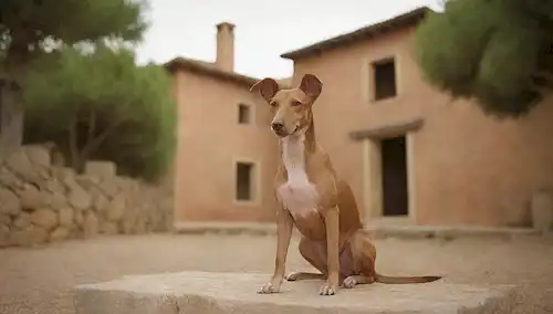 una imagen de tono cálido con un perro Podenco Andaluz feliz sentado sobre una piedra o superficie terrestre, rodeado de elementos paisajísticos españoles como cipreses, olivares y arquitectura rústica, con luz natural que arroja sombras suaves, que transmiten un sentido de comodidad y tranquilidad