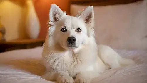 Un peludo perro blanco con un rostro distintivo parecido al zorro