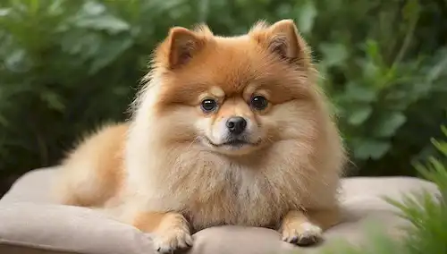 3D ilustración de un perro Pomeraniano sano con piel dorada brillante, sentado en un cojín suave, rodeado de vegetación fresca y elementos naturales como hojas y ramitas, con sutiles relieves para enfatizar su textura y volumen