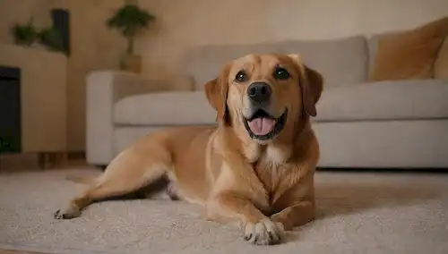Una sala de estar cálida y acogedora con un perro contento acostado en un sofá o alfombra suave
