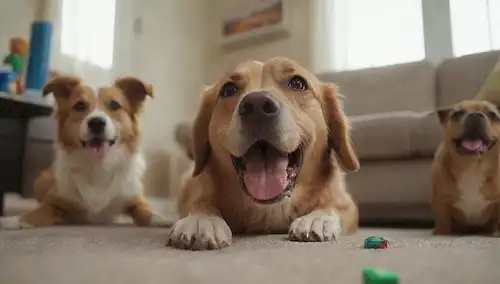 3 perros con diferentes expresiones faciales, una mano de dueños de lamer, una mirando hacia arriba, y una olfateando alrededor; un desordenado fondo sala de estar con juguetes y libros dispersos