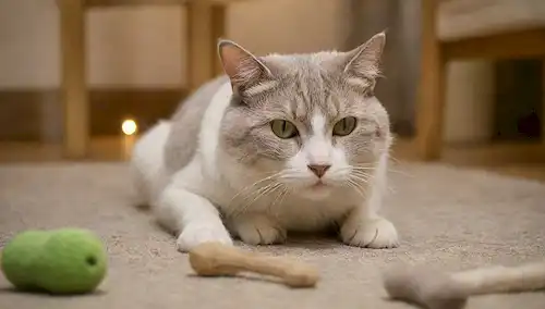 Un gato blanco y gris rociando y frotando su cara contra una pierna de madera usada, rodeado de juguetes de gato dispersos y hilos sueltos, con un ligero toque de catnip verde en el fondo, iluminado por una suave iluminación caliente, en una alfombra o piso texturado, mostrando un espacio de vida acogedor