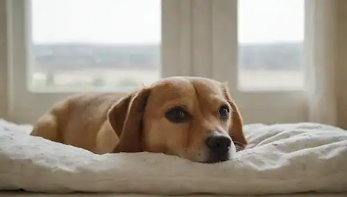 Primer plano de una cama de perros, con textura peluda, ácaros de polvo, pulgas saltando, calcetines sucios en el fondo, manta desordenada, y una ventana abierta que permite en la luz natural