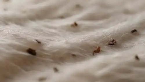 Una foto de cerca de un pelaje de perros, con pulgas y sus desperdicios dispersos entre los cabellos, algunas pulgas saltando o arrugando, manchas de marrón oscuro en piel blanca, magnificada para resaltar el problema, luz natural iluminando la imagen