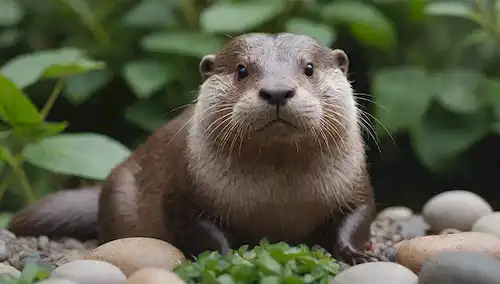 Una nutria y juguetona (hurón) sentada sobre una pila de pescado fresco, rodeada de exuberante vegetación y agua chispeante, con algunas hojas dispersas y guijarros en el primer plano, capturando un sentido de simpatía y serenidad