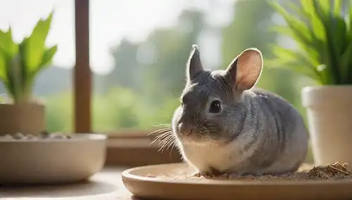 Un ambiente cálido y natural con una chinchilla en primer plano, rodeado de cuencos de comida y agua, un poco de heno fresco y pequeñas rocas, con un fondo borroso con vegetación exuberante y la luz del sol filtrando a través de las plantas