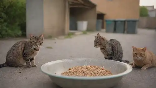 Un grupo de gatos callejeros sentados alrededor de una estación de alimentación, con un cuenco de comida delante de cada uno, unos pocos kibbles dispersos en el suelo, un pequeño refugio o escondite en el fondo, y una pista de un paisaje urbano (como edificios o botes de basura) para establecer la escena, con una iluminación cálida y acogedor