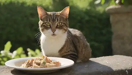 Una foto de un gato callejero sentado en una pared de piedra, rodeado de vegetación exuberante, con un plato o un cuenco de comida delante de él, con unas cuantas migajas dispersas alrededor, y una cálida luz del sol brillando, con sombras sutiles que resaltan la textura de los gatos fur, transmitiendo un sentido de serenidad y contentamiento