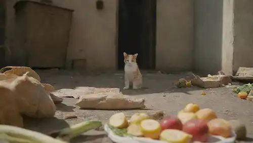 Una cálida y soleada escena callejera con un gato callejero acostado a la sombra, rodeado de contenedores de alimentos vacíos, muebles antiguos y escombros urbanos, con unas cuantas manchas de verduras frescas o frutas dispersas alrededor, transmitiendo una sensación de abandono y abandono