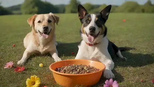 Feliz perros jugando al aire libre con un tazón de kibble en el centro, rodeado de exuberante hierba verde y flores coloridas, con un soleado cielo arriba, con unos pocos golosinas y juguetes de perro dispersos
