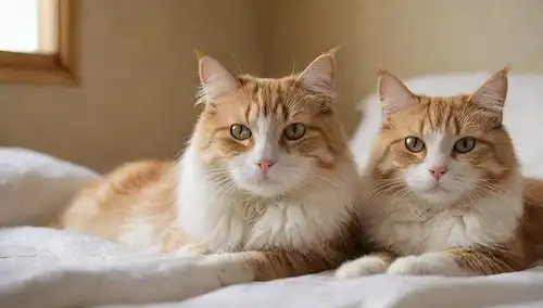 2-3 gatos Ragamuffin saltando sobre una manta suave, blanca, rodeada de luz suave, natural, con un gato que se purifica suavemente en otro oído, mientras que un tercero se ve relajado y con contentamiento mira hacia el espectador, todo en contra de un fondo calmante