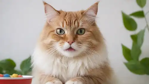 Un disparo de cerca de un feliz gato Ragamuffin con ojos brillantes y piel suave, sentado en un fondo blanco, con un tazón de colorido kibble cerca, rodeado de hojas verdes frescas y unos pocos juguetes de gato, transportando relajación y contentamiento