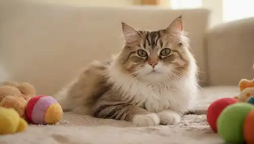 Retrato de enfoque suave de un gato Ragamuffin saltando sobre una manta de felpa, rodeado de juguetes y maní, con suave luz solar de la mañana arrojando un resplandor cálido, transmitiendo relajación y contentamiento