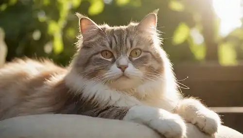 Un majestuoso gato de Ragamuffin saltando sobre un cojín suave, rodeado de exuberante vegetación y cálida luz solar, con una sutil brillo en su ojo, transmitiendo relajación y contentamiento