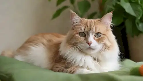3 gatos Ragamuffin saltando sobre un cojín suave, rodeados de hojas verdes frescas y juguetes de gato, con iluminación suave para capturar su naturaleza lúdica y relajada, centrándose en sus características faciales adorables, ojos brillantes y piel suave