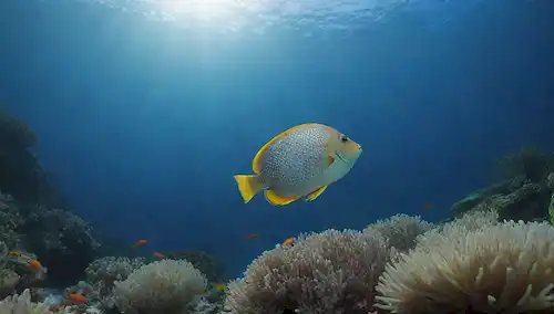 Pescado colorido con escalas vibrantes, nadando en un océano azul claro, rodeado de algas y coral, con una escuela sutil de peces más pequeños en el fondo, iluminación cálida desde arriba, escenario naturalista, diversos elementos de la vida marina, atmósfera calmante, resolución de imagen de alta calidad