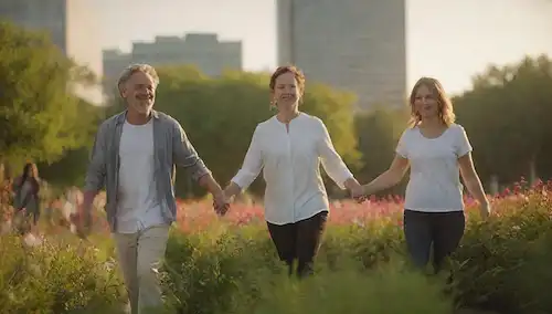 Un vibrante paisaje urbano al atardecer, con un moderno edificio en foco, rodeado de exuberante vegetación y flores, con un grupo diverso de personas de diferentes edades y orígenes caminando juntos, sosteniendo manos y sonriendo, con una cálida luz emanando del edificio, transmitiendo esperanza y unidad