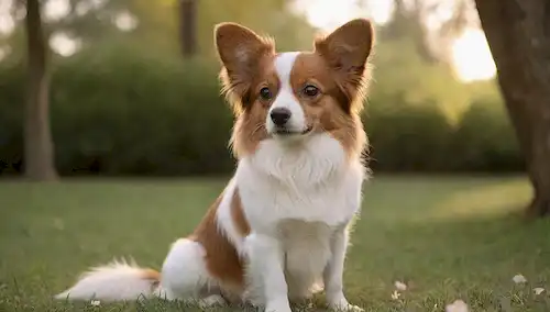 Un suave y delicado perro de raza Papillon con una cola rizada, características faciales suaves y una expresión tranquila, sentado en una zona suave de hierba en medio de flores y árboles florecientes en el fondo, rodeado de iluminación sutil y sombras suaves