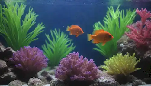 paisaje acuático, peces coloridos, acuario, plantas de agua, arrecife de coral, fondo tranquilo, colores vibrantes, ambiente tranquilo